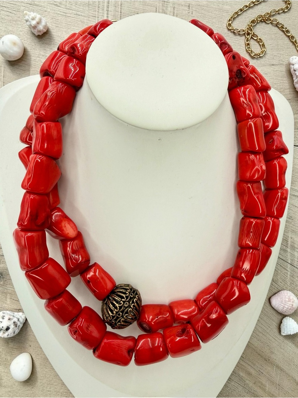 Barse Red Coral Necklace 2 Strand Chunky Boho Statement 20” 266 grams Waterfall